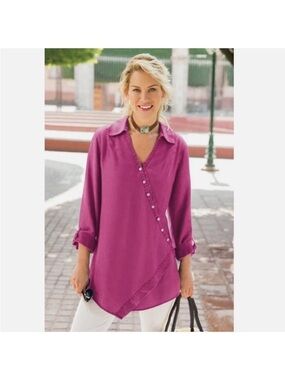 Soft Surroundings Fuchsia Asymmetric Button-Trim Wrap Tunic Blouse